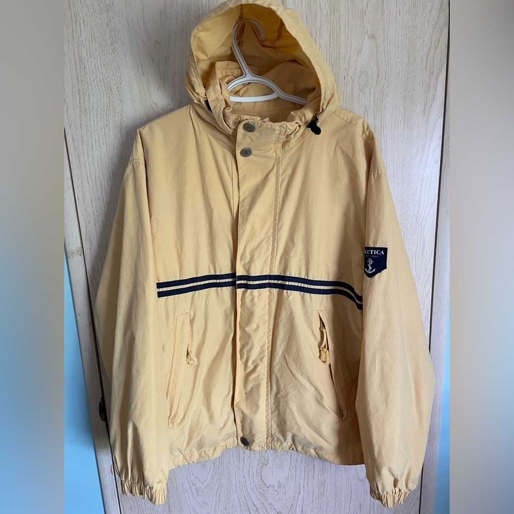 🖤 Vintage Nautica Mens Jacket Yellow Hooded Coat Windbreaker Boating Sz Medium